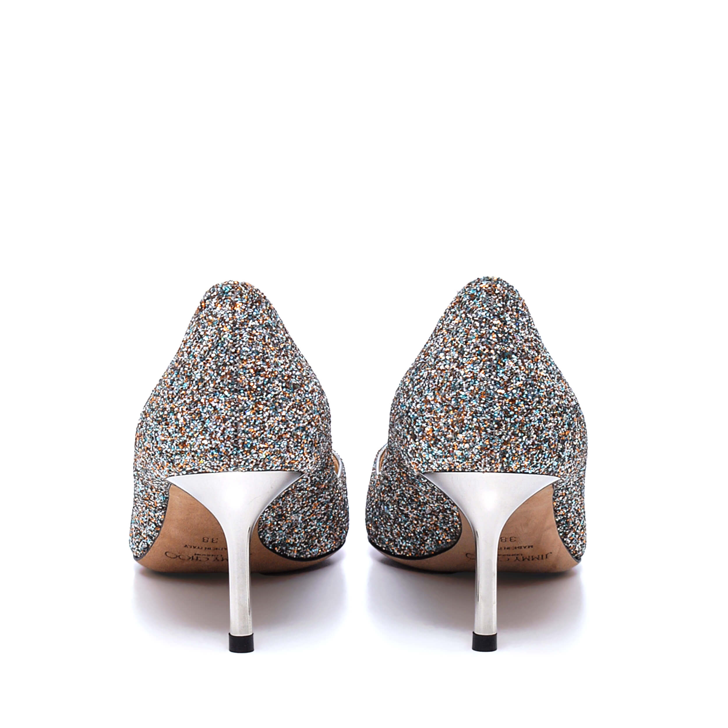 Jimmy Choo - Champagne Coarse Silver Glitter Pointed Pumps Romy 60 MM / 38